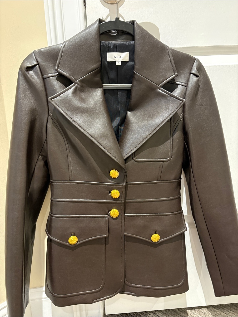 A.L.C. Chocolate Brown Leather Tailored Blazer with Gold Buttons